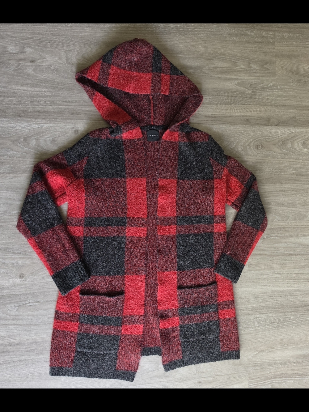 Cyrus Red & Black Textured Plaid Hooded Cardigan